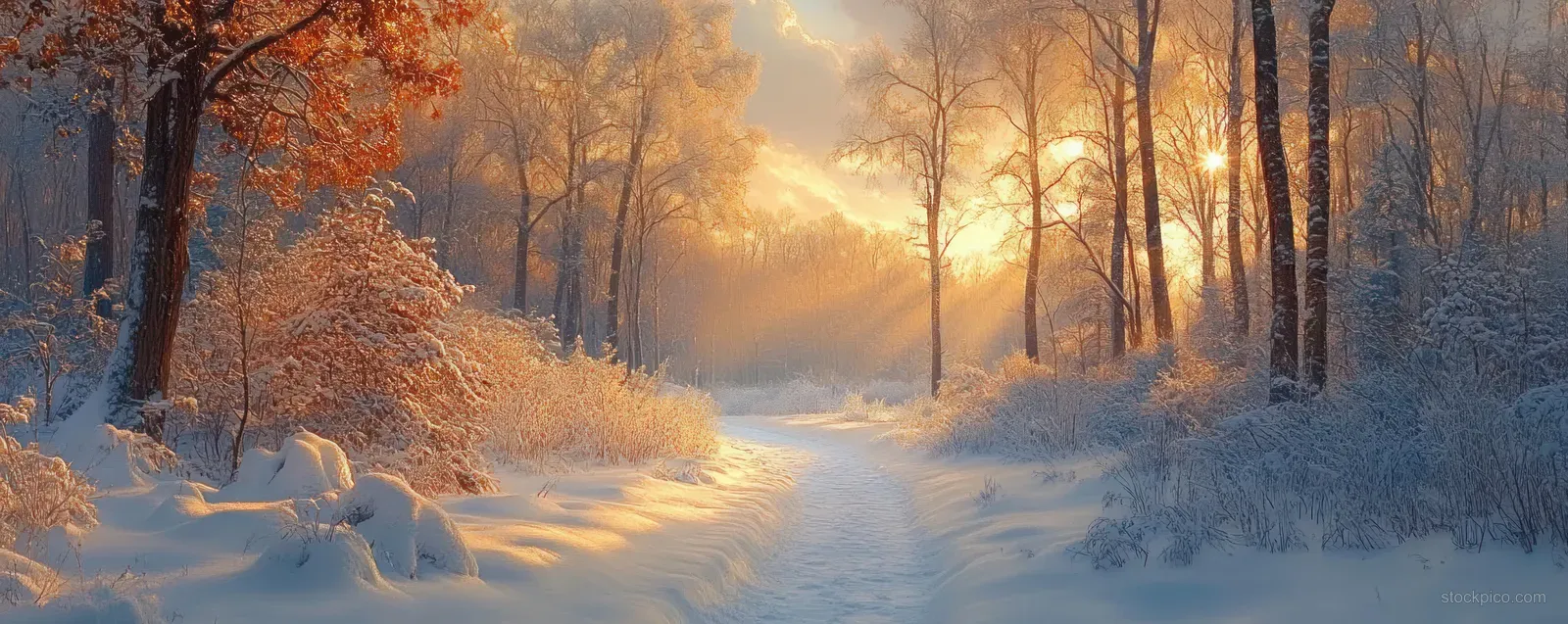 A snow-covered forest path at sunrise with golden sunlight shining through frosted trees and bushes.