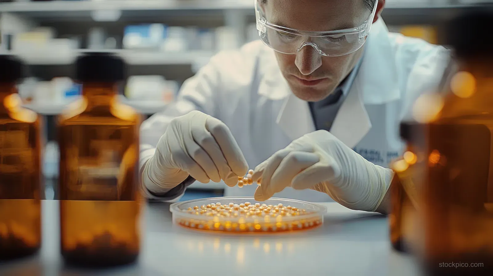 Scientist in gloves and safety glasses carefully handling yellow capsules in a petri dish in a laboratory.