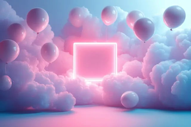 Neon pink square portal surrounded by floating balloons in pastel cloud scene