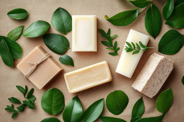 Natural soap and shampoo bars on craft paper surrounded by green leaves in a flat lay.