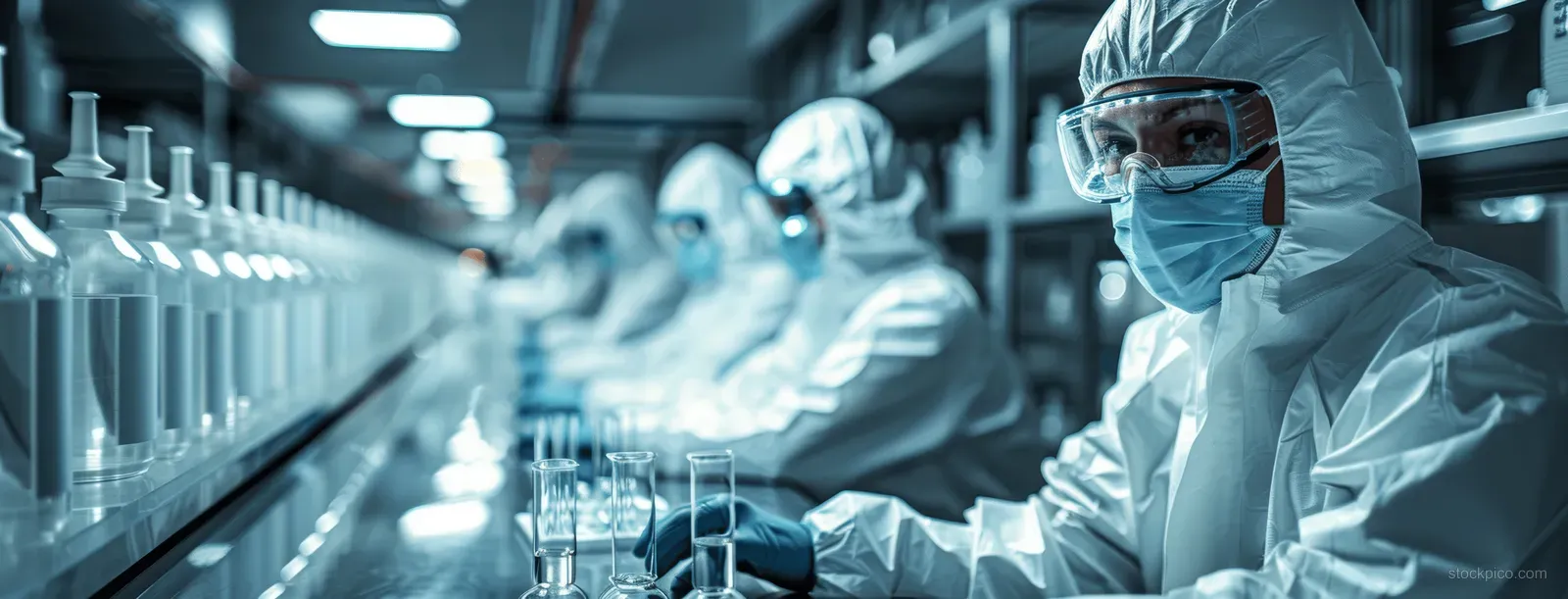 Technicians in protective suits watch an illuminated pharmaceutical production line with rows of containers.