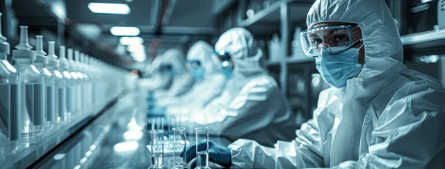 Technicians in protective suits watch an illuminated pharmaceutical production line with rows of containers.