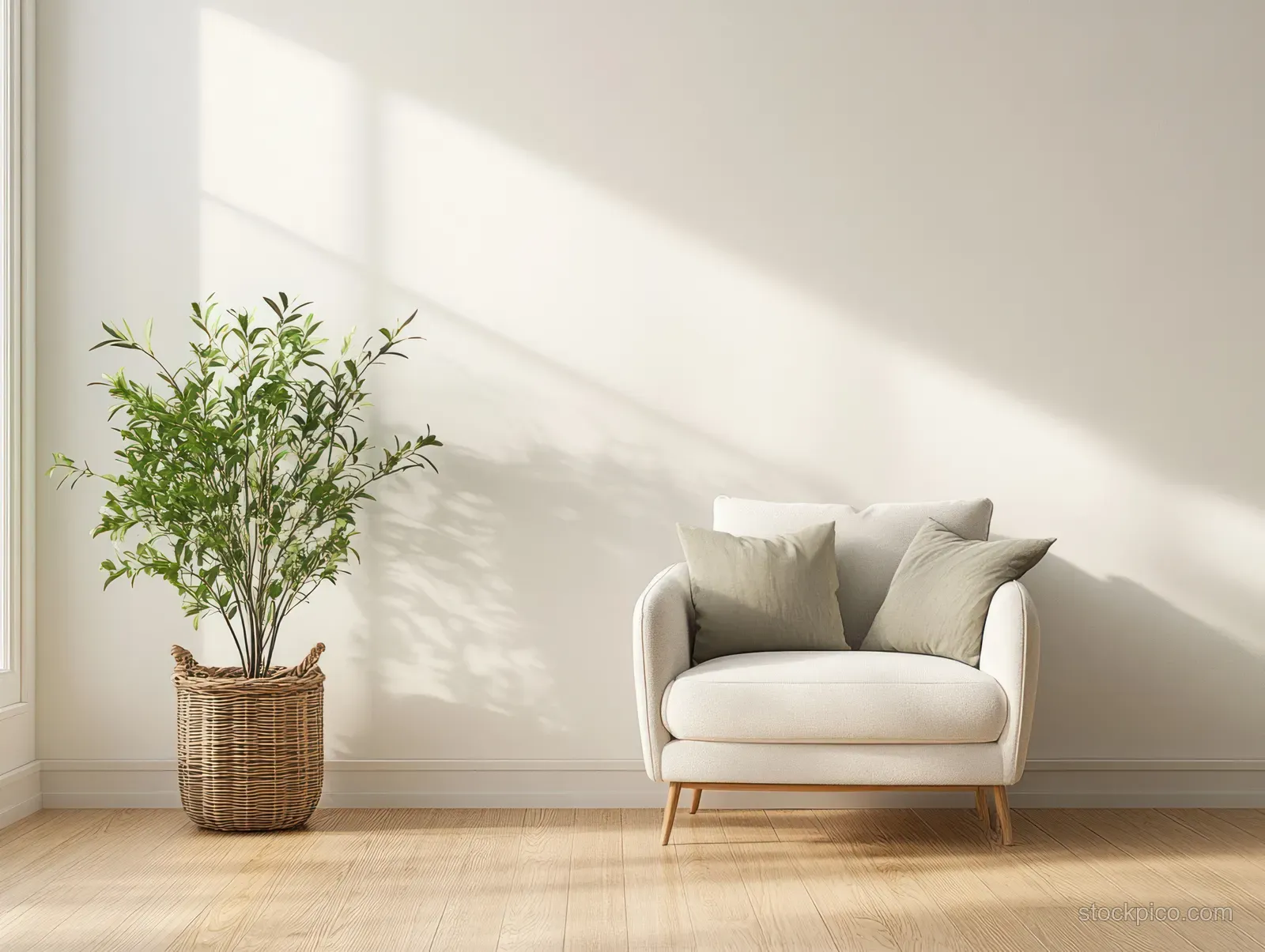 Sunlit minimalist living room corner with a white armchair, soft pillows, and a green plant in a wicker basket on wooden floor.