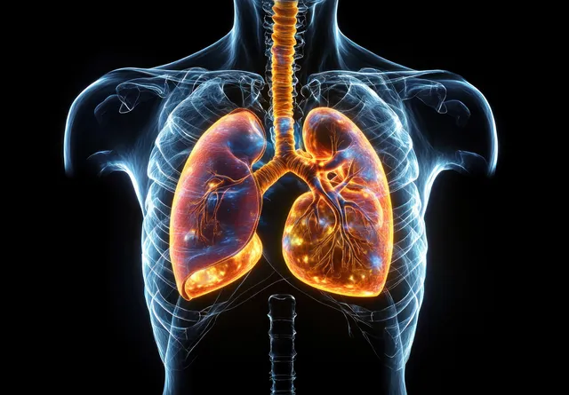 Transparent chest anatomy showing glowing heart lungs and bronchial tree
