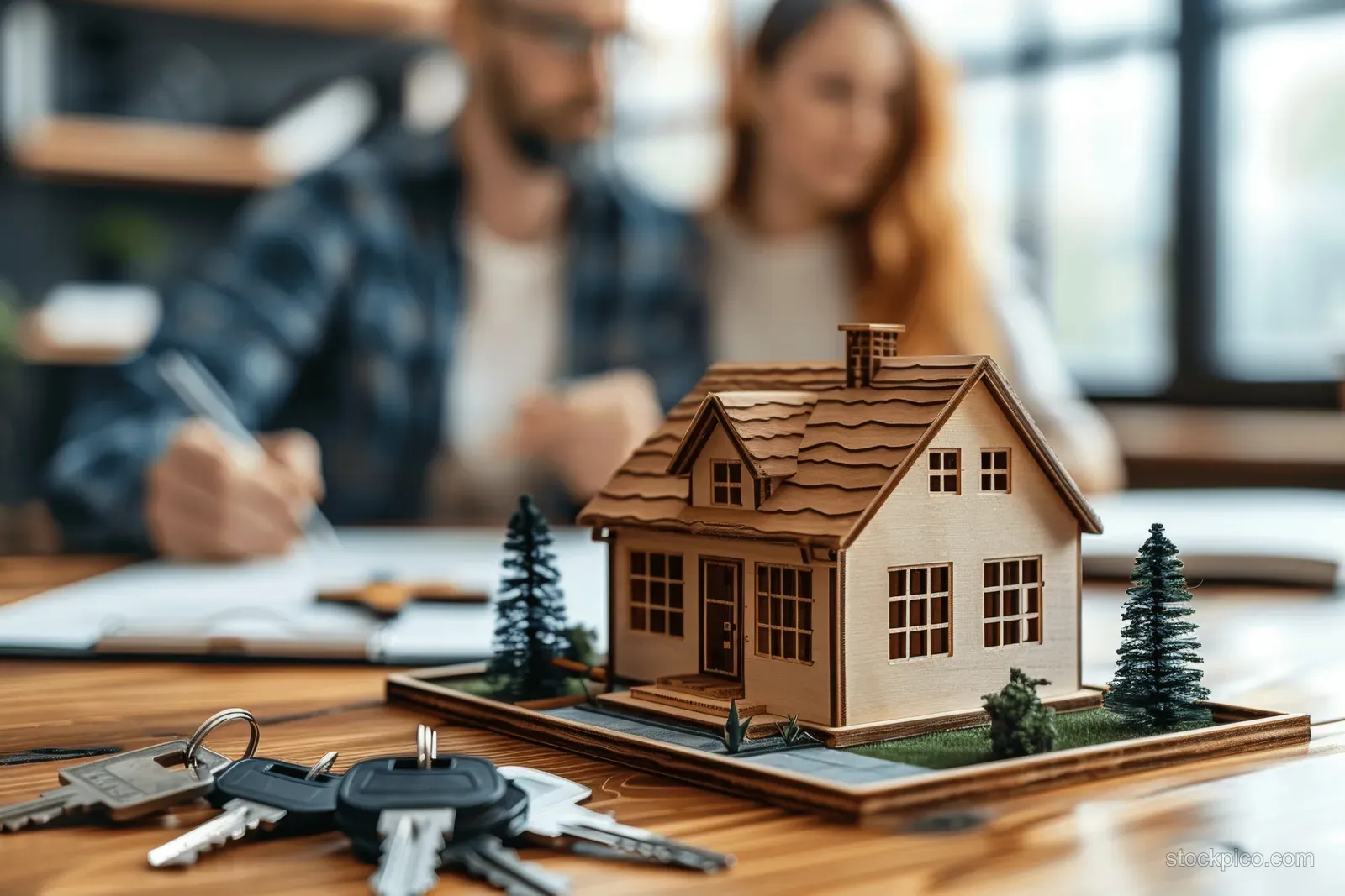 A couple signs a home purchase contract on a desk beside a miniature house model and keys in a real estate office.