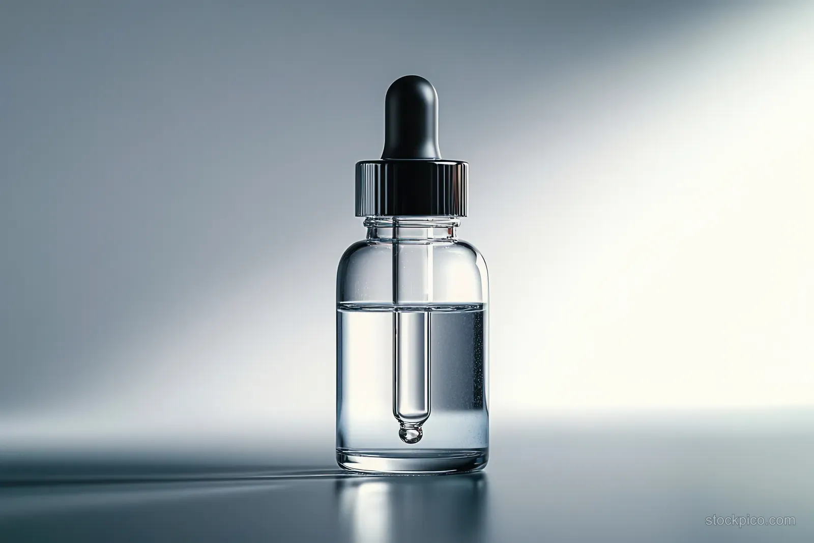 Clear glass dropper bottle with transparent liquid and a droplet tip on a smooth reflective surface under soft light.