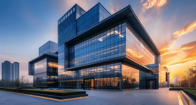 Modern glass office building at sunset with warm reflections across windows and paved plaza.