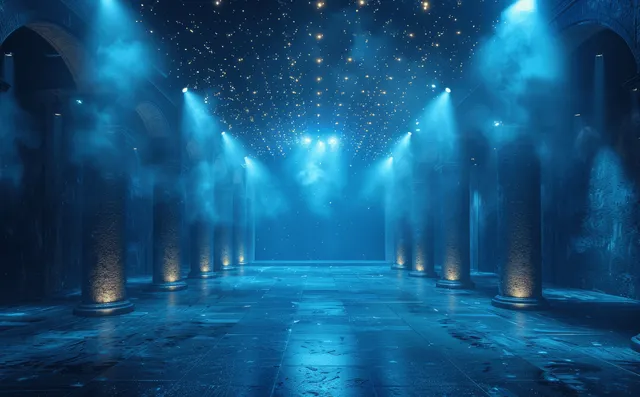 Blue Spotlights Shining Across Empty Stage with Misty Stone Hall