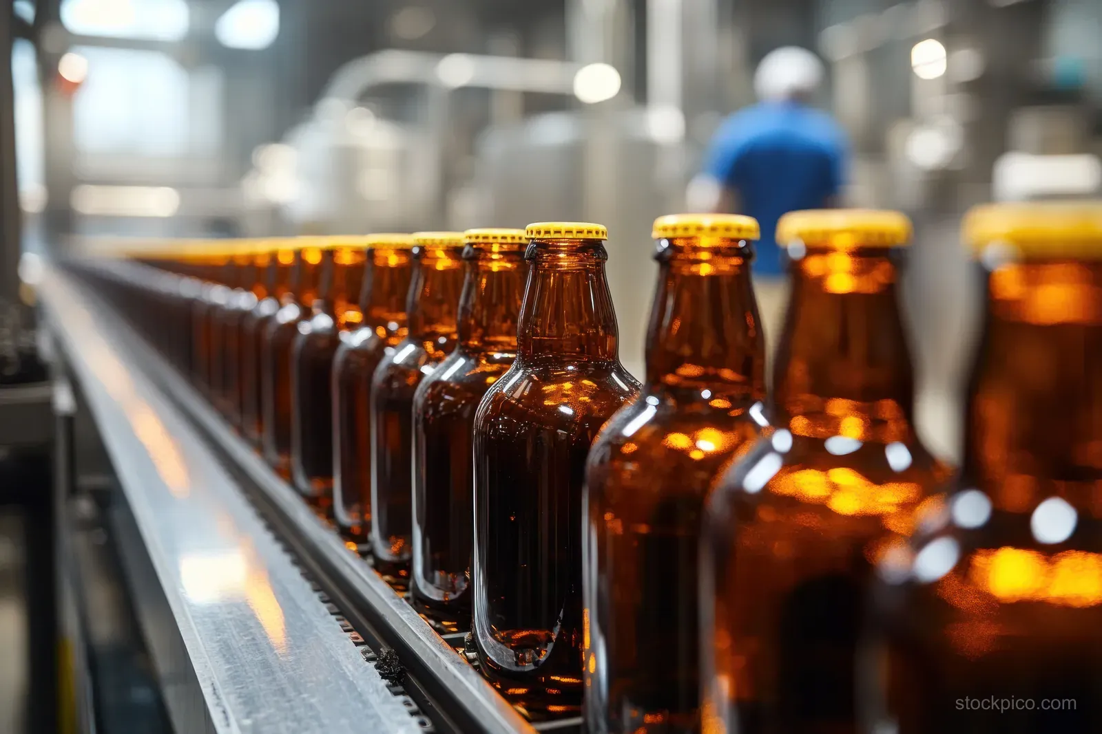 Empty brown glass bottles with yellow caps ride a conveyor belt in a beverage factory while a worker is blurred behind.