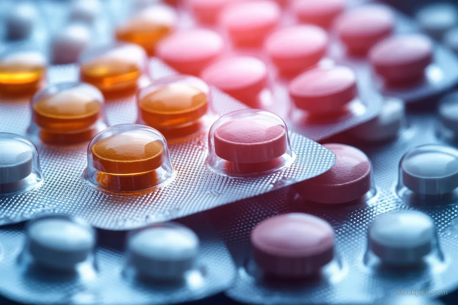 Orange and pink round tablets rest inside plastic blister packs under bright soft lighting.