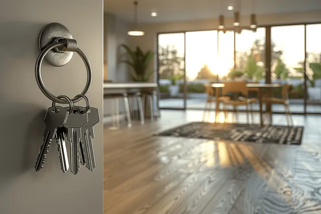 Door handle with hanging keys in the foreground while a sunlit apartment interior and kitchen area sit blurred behind.