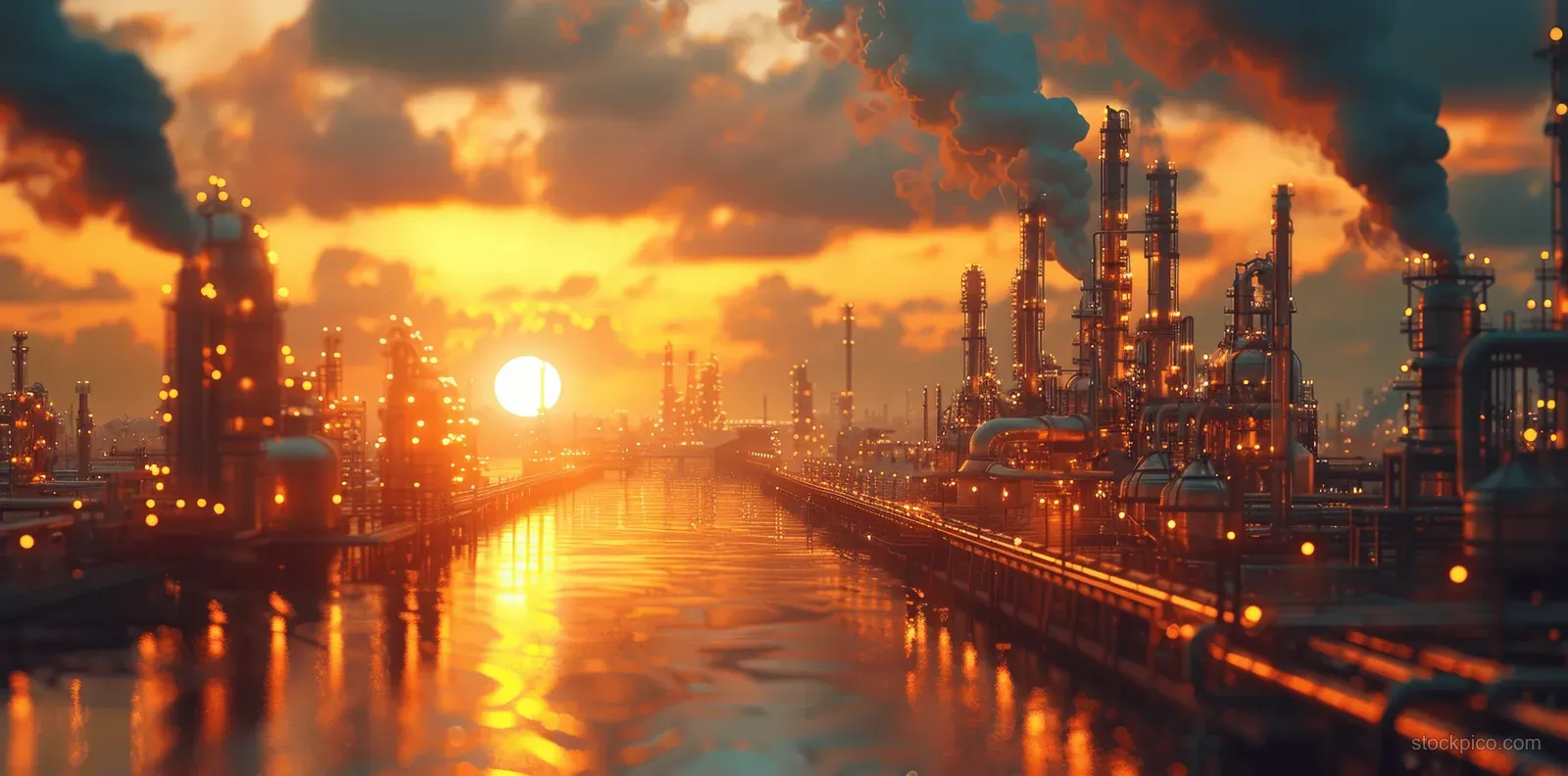 Golden-hour view of an oil refinery with smokestacks, long pipelines, and glowing sunset reflections on water.