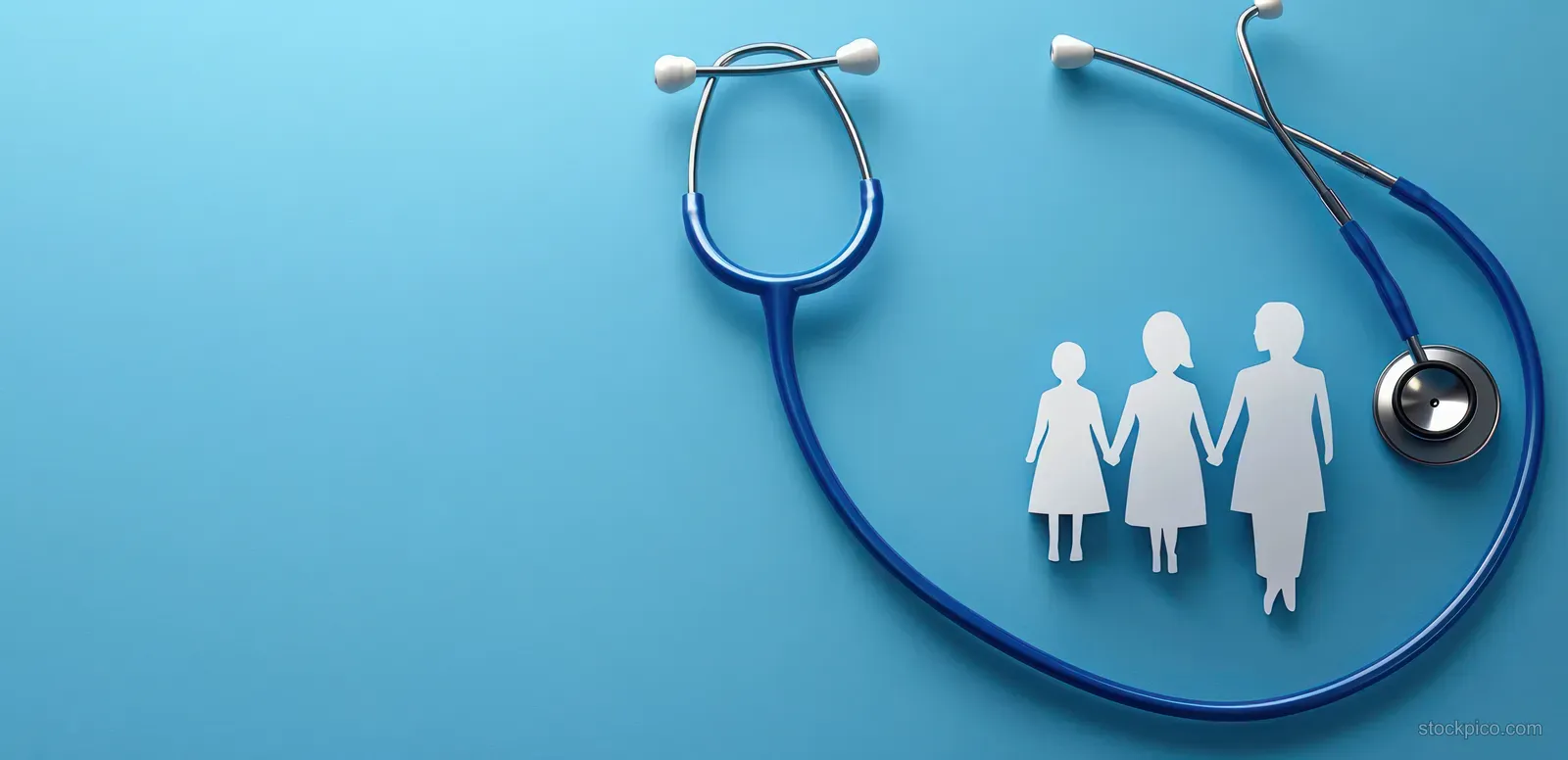 Blue stethoscope forms a curve around three white paper family figures on a light blue background.