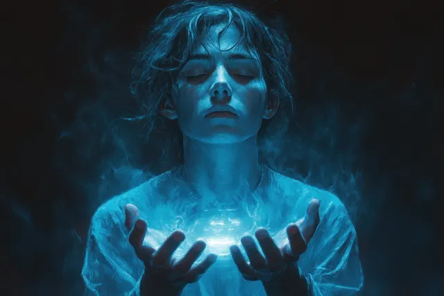 A person rendered in blue light holds a floating holographic panel showing magnifier search icons and data.