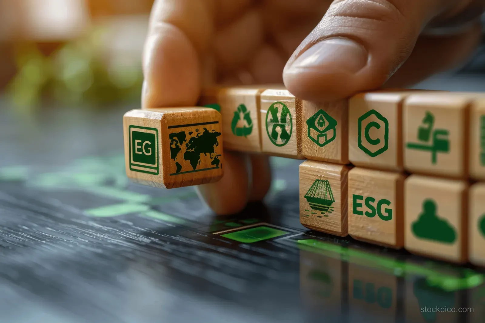 Hands arrange wooden ESG cubes with green icons on a dark desk.
