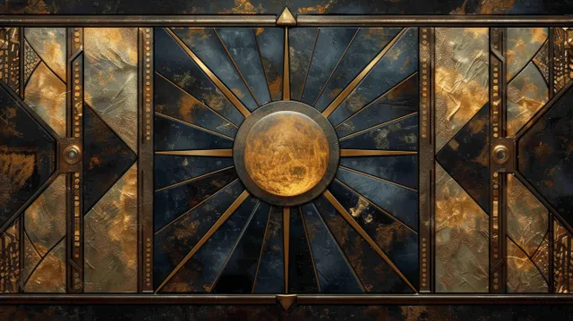 Art Deco architectural panel with gold geometric frames and a central sunburst medallion against a dark background.