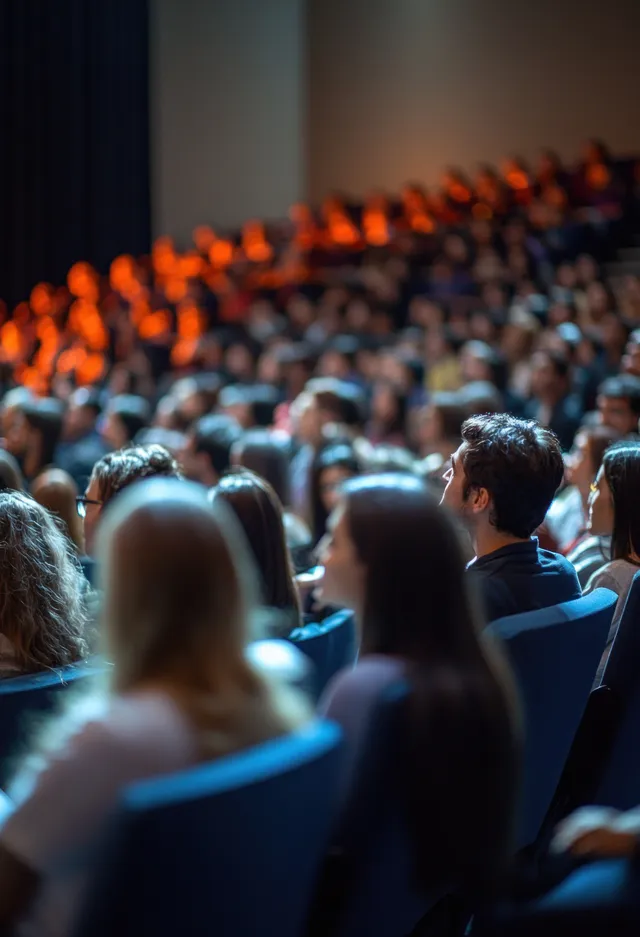 A keynote speaker addresses a diverse audience seated in a modern auditorium under warm stage lighting.