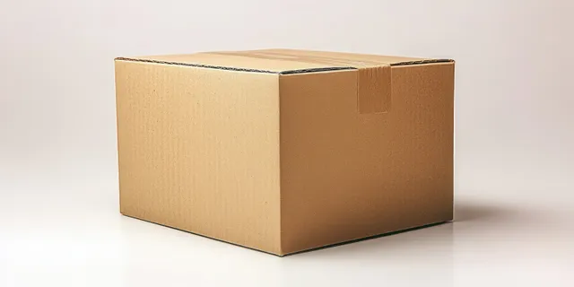 A closed brown cardboard shipping box with a taped seam on a white background.