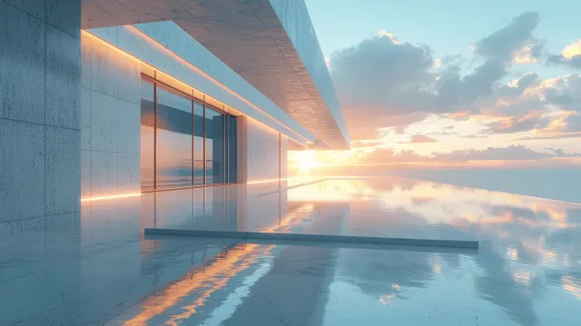 Abstract concrete facade with glass windows reflected in a smooth pool at sunset.