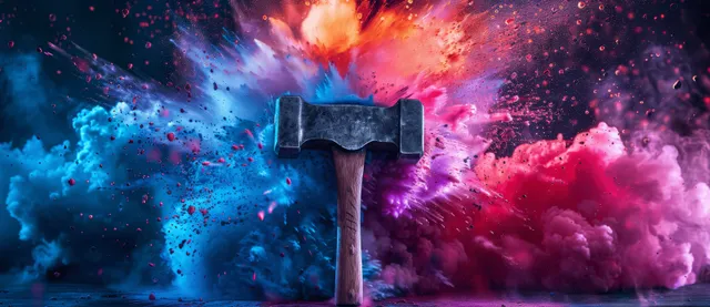 A sledgehammer hits through colorful explosive dust and smoke clouds during a renovation demolition moment.