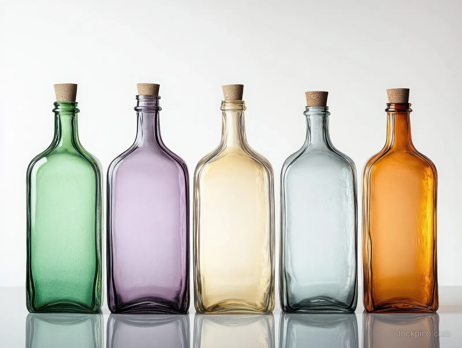 Five empty colored glass bottles with cork stoppers lined on a reflective surface against a white background.