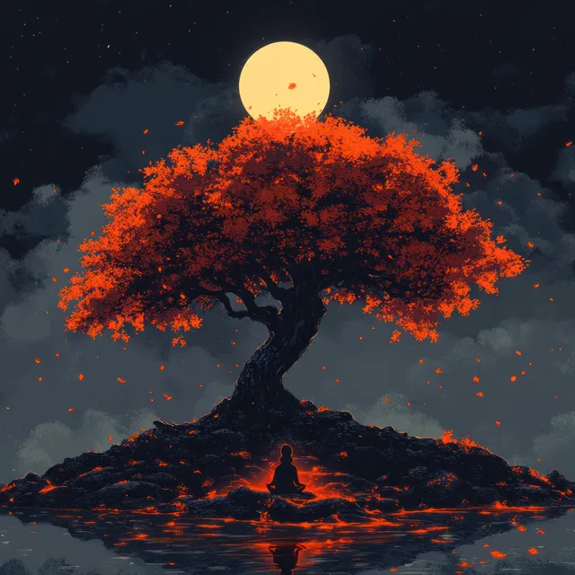 Buddhist monk meditating under glowing orange tree with moonlit reflection at night