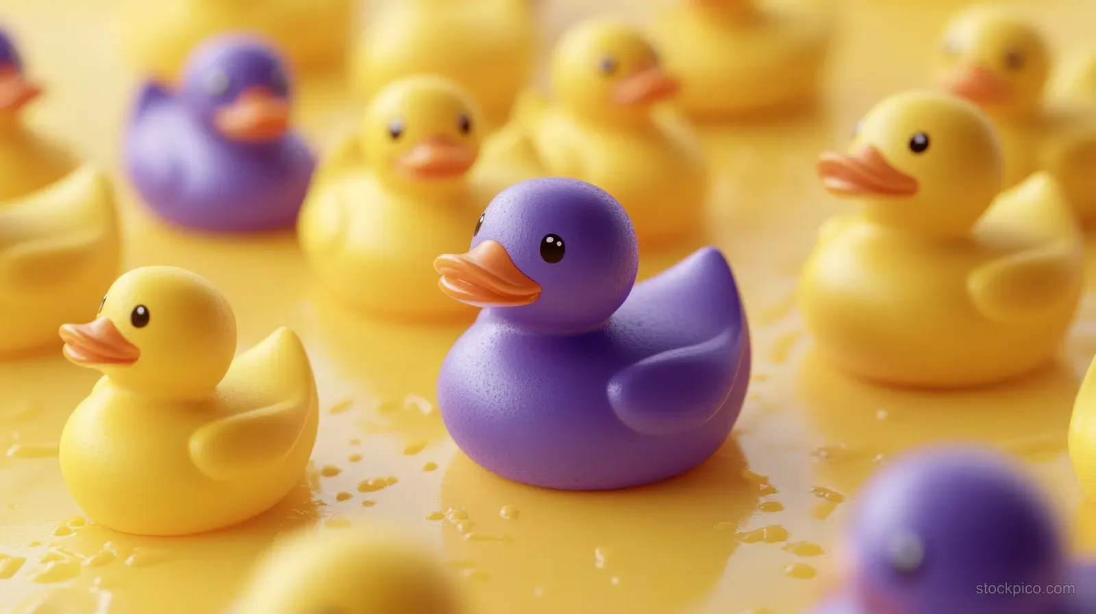 Purple rubber duck surrounded by yellow ducks on a glossy wet yellow surface with small water droplets.