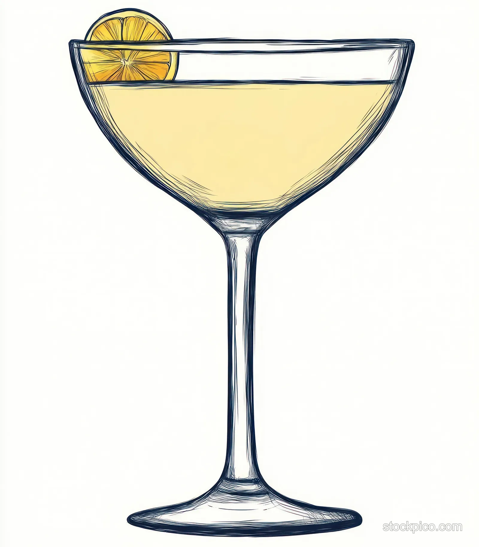 Sketch of a cocktail glass filled with a light yellow drink and a lemon slice garnish on the rim.