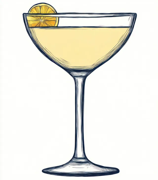 Sketch illustration of lemon-garnished cocktail glass with light yellow drink on white background