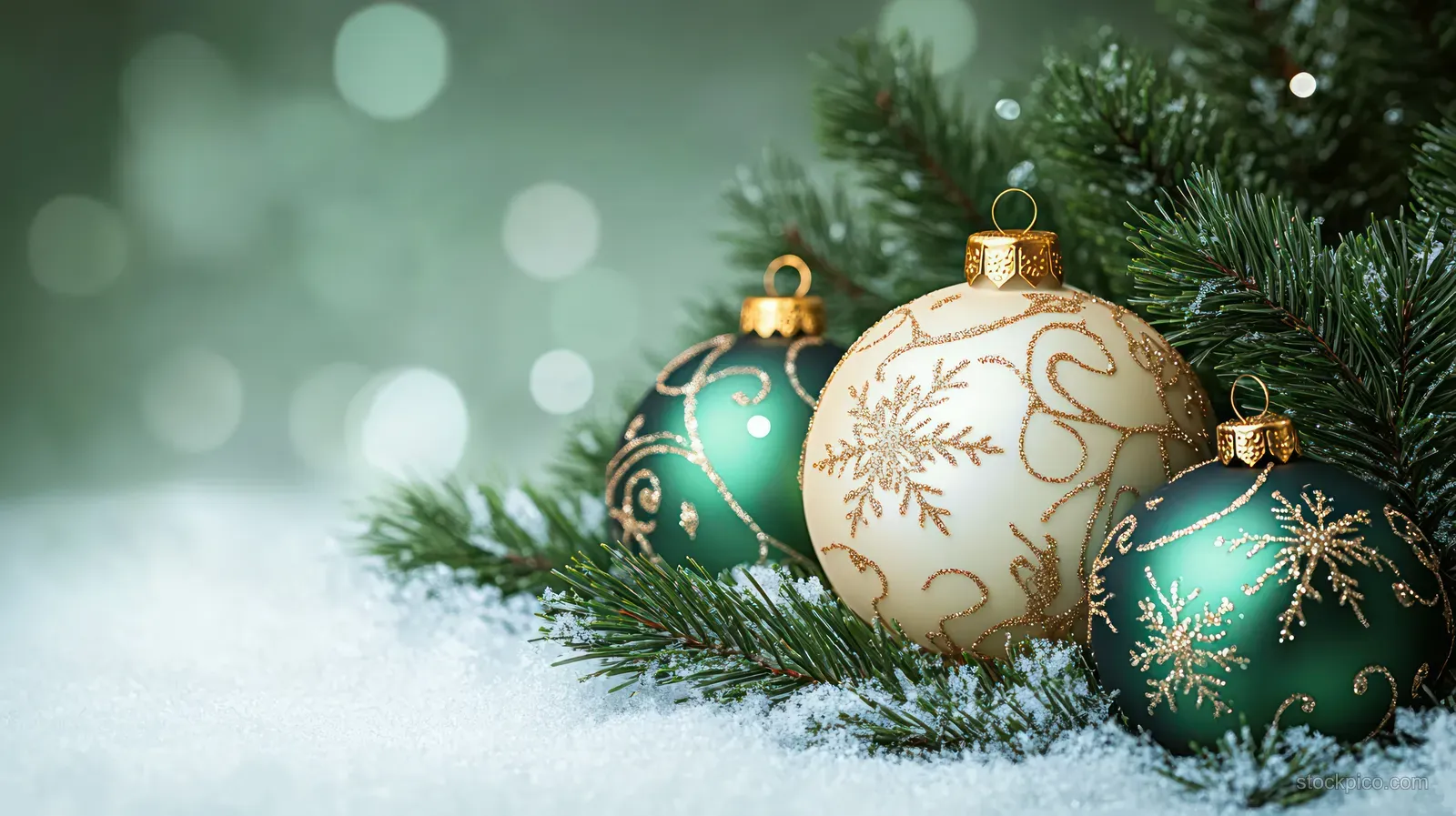 Golden and green Christmas ornaments with snowflake patterns sit on snowy fir branches against a soft green bokeh background.