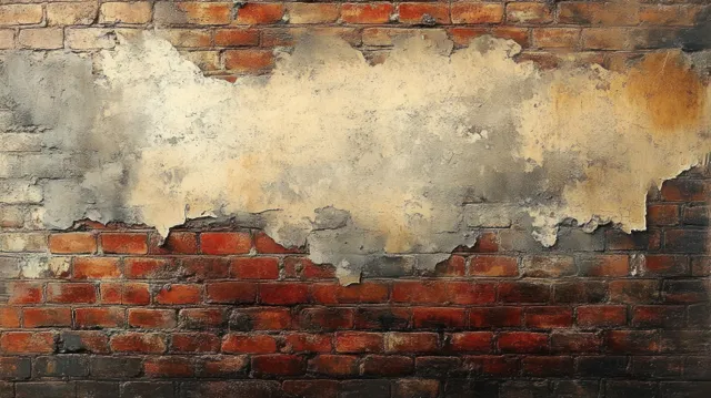 Close-up of a red brick wall with peeling plaster, cracked cement, and weathered, aged textures.