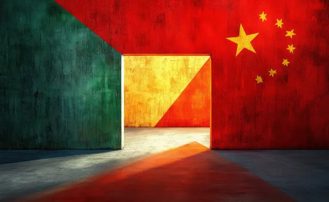 China and India flags on cracked wall with dusty corridor and tense red lighting