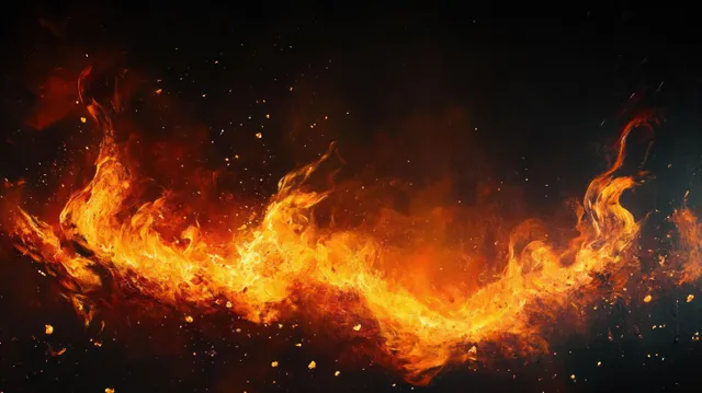 Swirling orange and yellow flames with glowing embers and sparks against a dark smoky background.