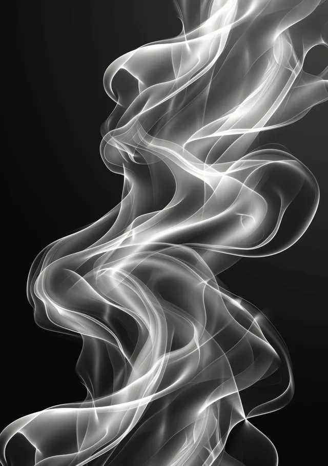 Abstract smoke wave vector illustration on dark black background with flowing grey curves
