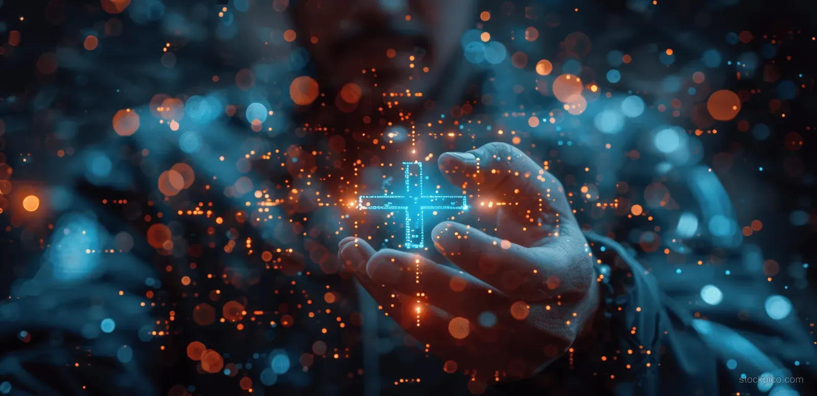 A businessman’s hand touches a glowing plus sign over a blue digital particle background.