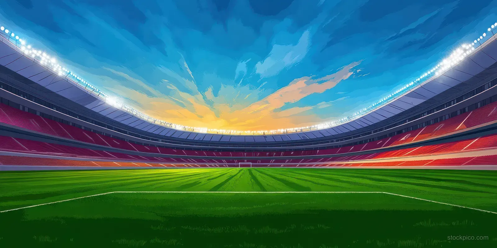 Empty football stadium interior with green grass pitch and illuminated lights under a blue sky and yellow sunset clouds.