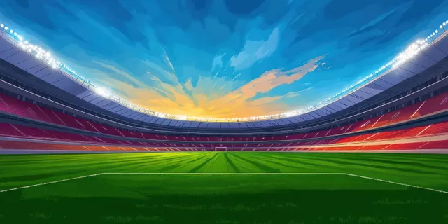 Empty football stadium interior with green grass pitch and illuminated lights under a blue sky and yellow sunset clouds.