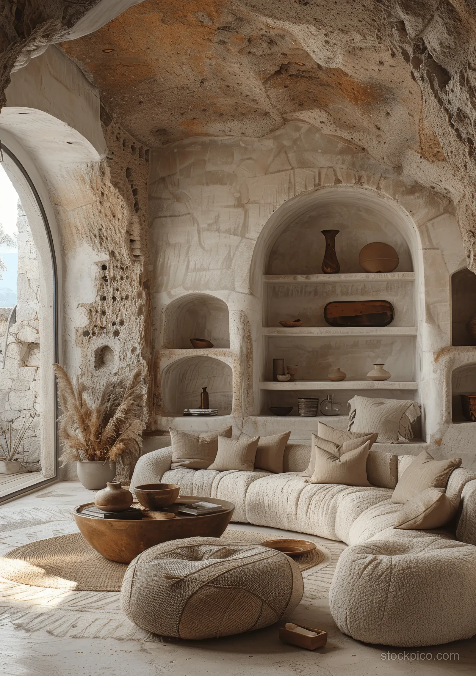 Minimal living room with beige seating, sculptural poufs, and shelves within stone arched alcoves.