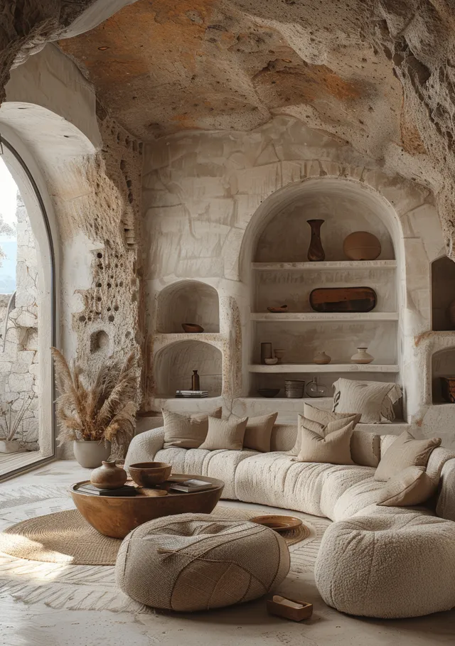Minimal living room inside stone arches with textured stucco walls and neutral seating