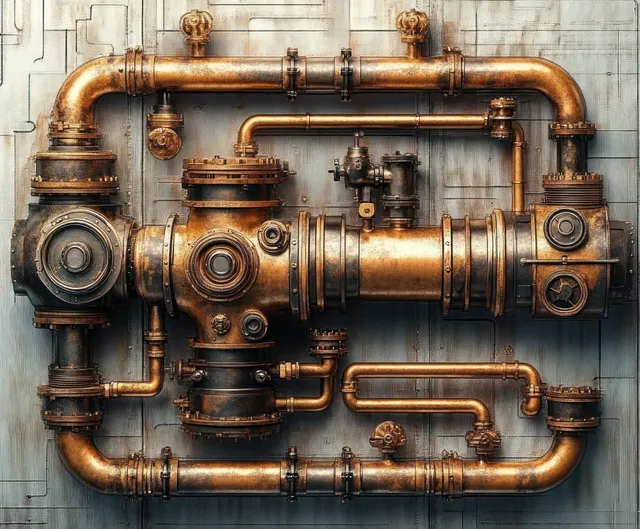 Corroded copper pipes and valves form a connected network on a dirty industrial wall.