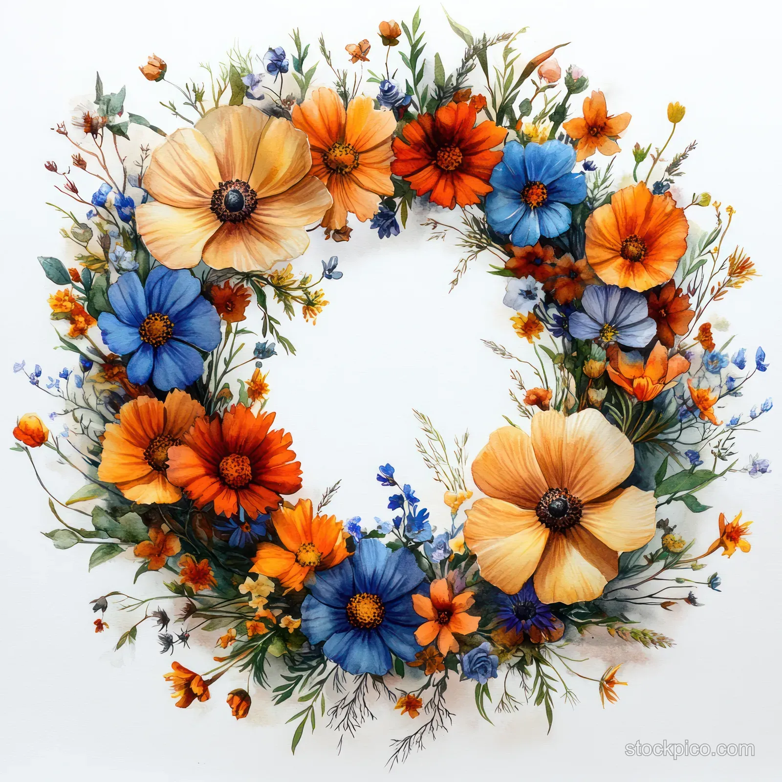Circular watercolor wreath of orange and blue wildflowers with green leaves on a white background.