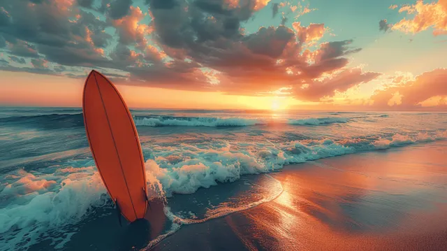 Vintage orange surfboard planted on sandy beach with ocean waves and a glowing sunset sky.