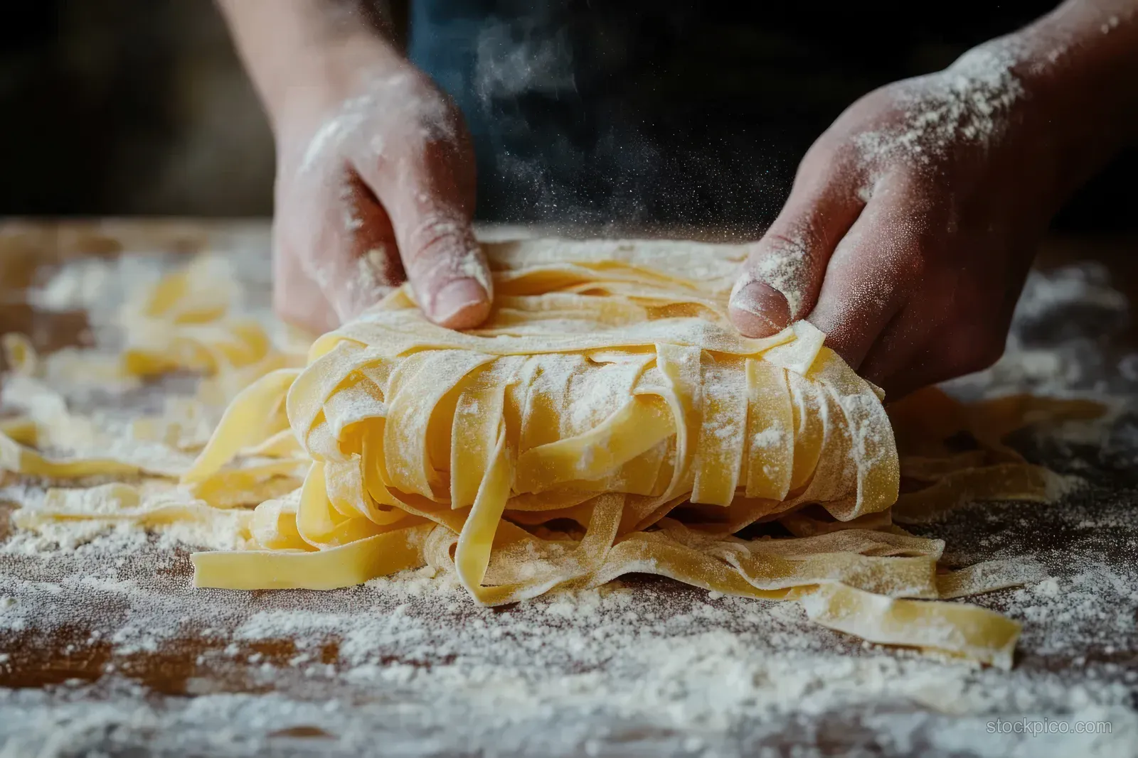 Hands lift freshly dusted homemade pasta noodles from a floured wooden board in a warm kitchen.