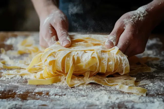 Hands lift freshly dusted homemade pasta noodles from a floured wooden board in a warm kitchen.