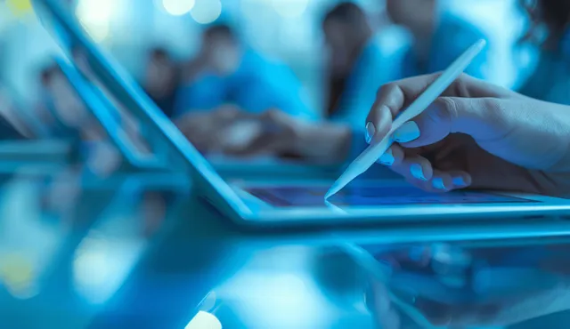 A person points at a tablet displaying financial charts while others collaborate at a conference table.