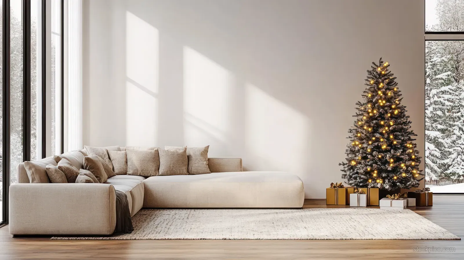 A lit Christmas tree stands by a sunlit window in a minimalist living room with a beige sofa and rug.