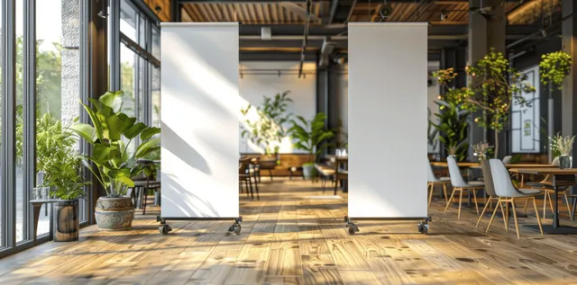 Blank roll-up banner stands in modern restaurant lobby with wooden floor and tall windows with Office Like Setting