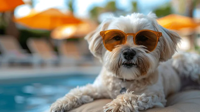 White Havanese dog wearing sunglasses lounging on beach chair under orange umbrella by the sea with Pets At The Beach