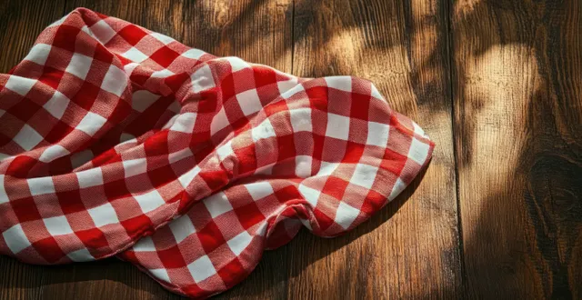 A red and white checkered cloth folded on a rustic wooden tabletop with visible fabric folds.