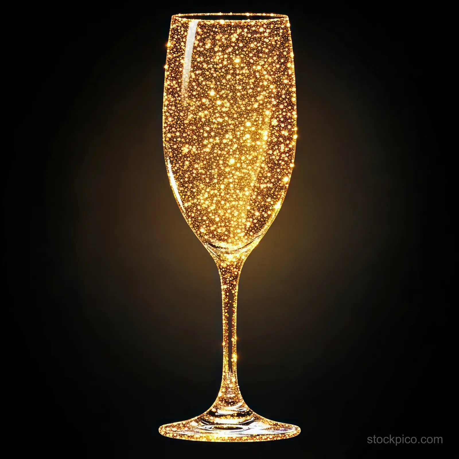 A tall champagne flute filled with glowing golden bubbles against a dark background.